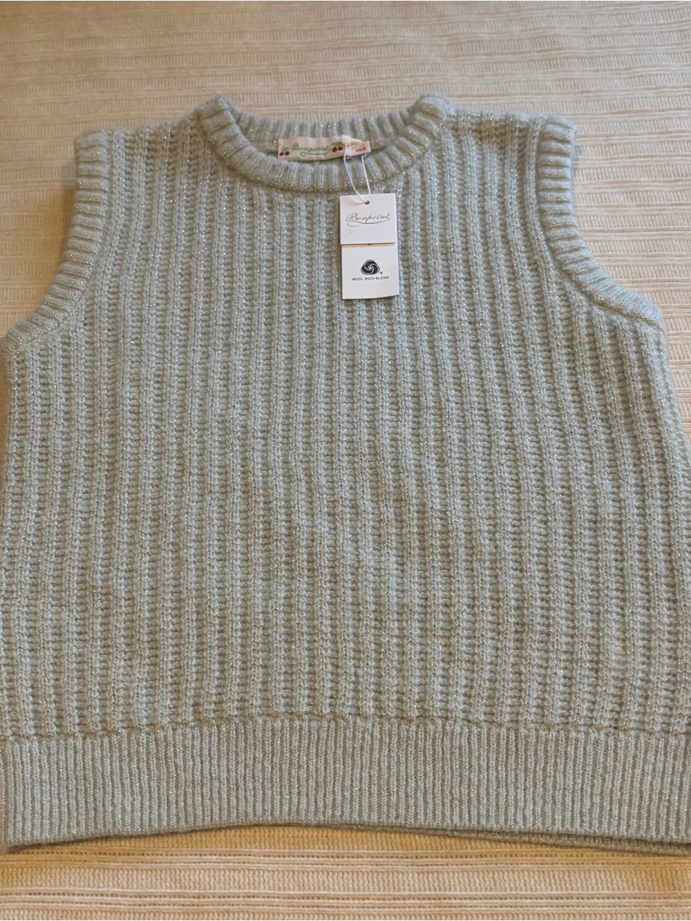 Bonpoint Pastel Mint Ribbed Knit Sleeveless Sweater Vest